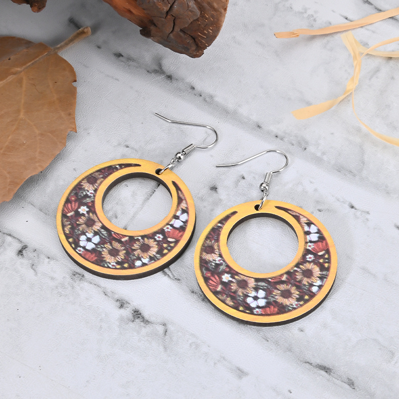 Ethnic Style Wooden Crescent Sunflower Print Earrings